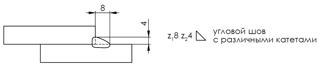 Угловой шов с разными катетами по ISO 2553